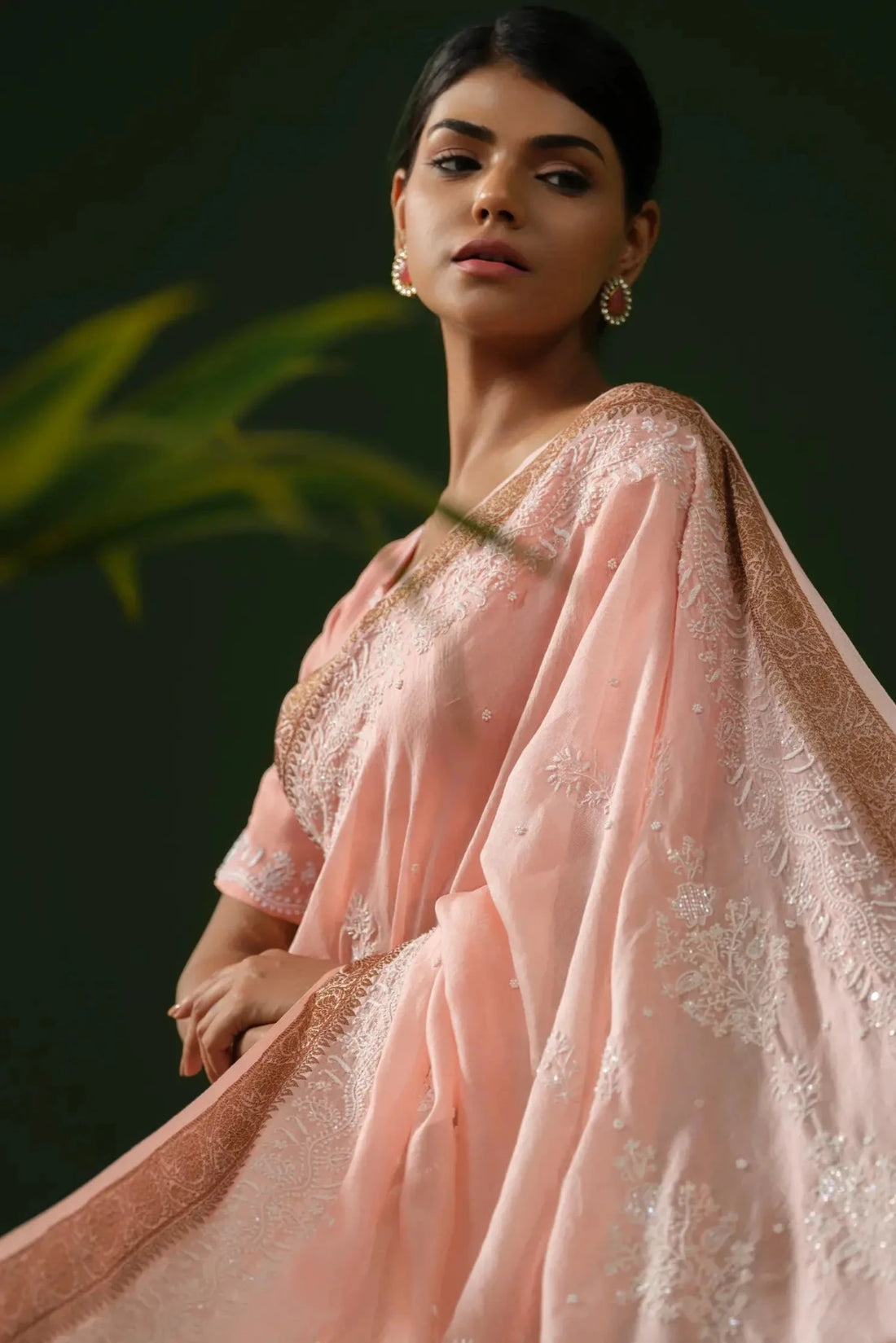 Hand Embroidered Peach Chanderi Chikankari Saree with Blouse Piece - The House of Indu