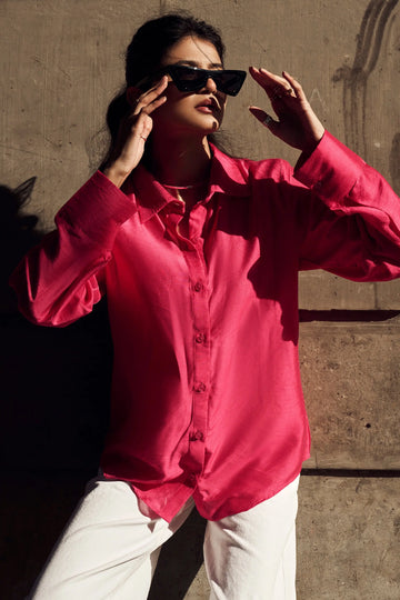 Hot Pink Chanderi Regular Fit Shirt for Women Front View