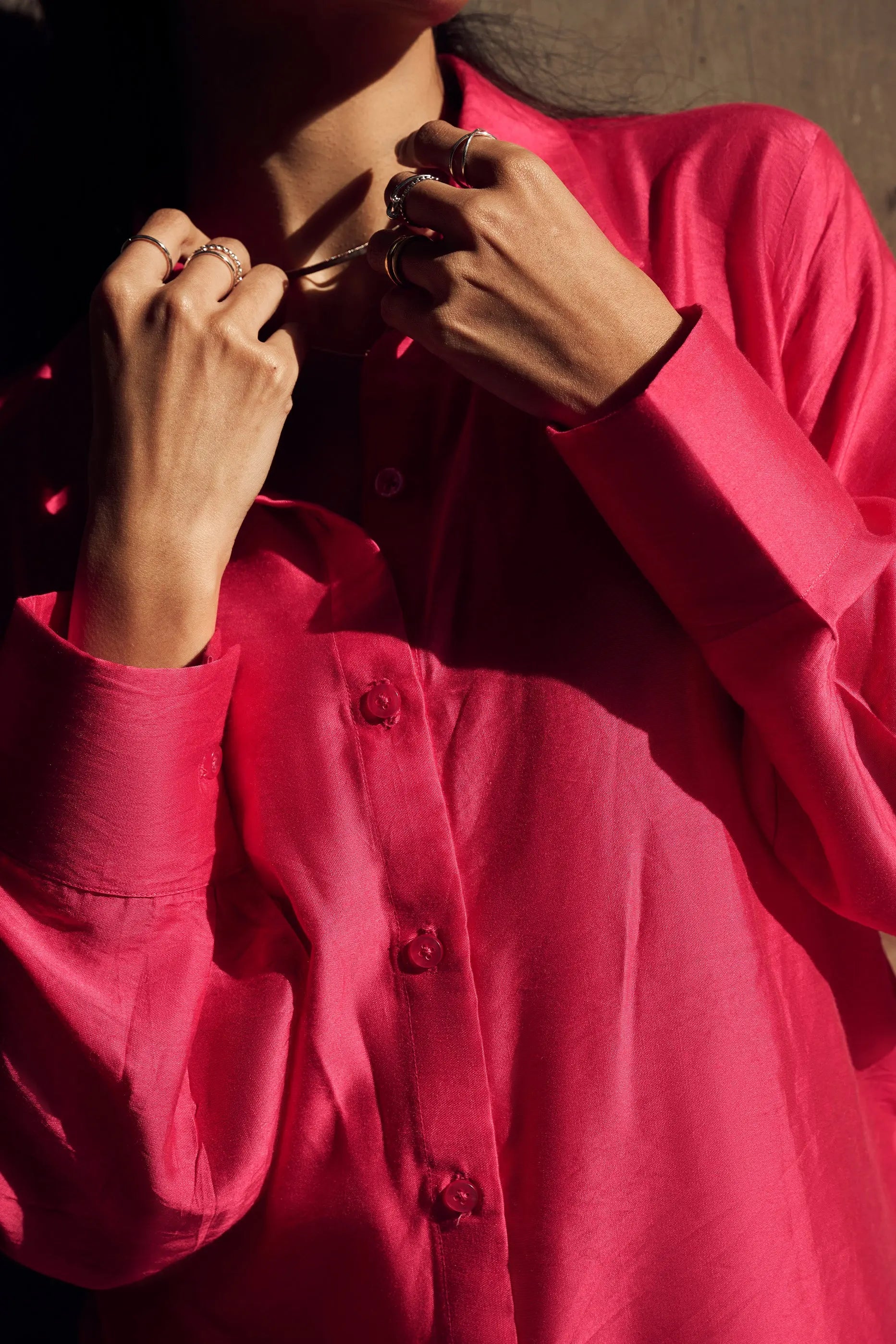 Closeup Detail of Hot Pink Chanderi Shirt