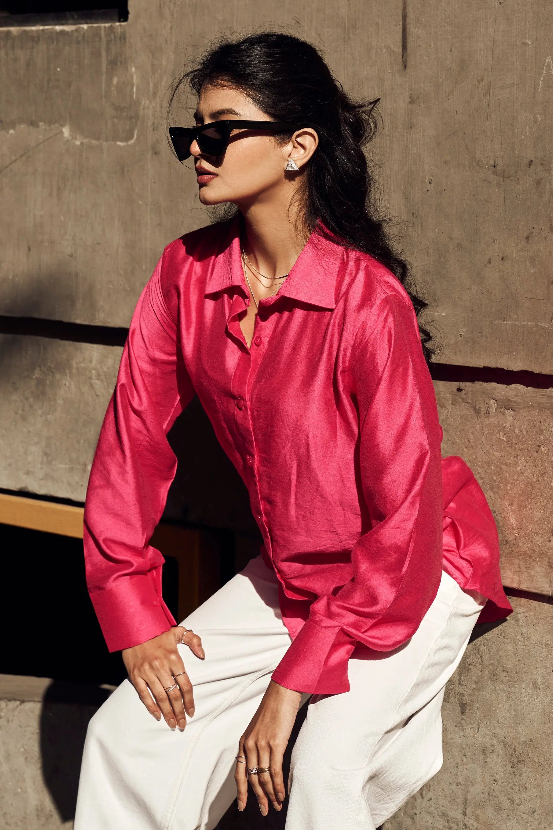 Hot Pink Chanderi Shirt for Women Side Look