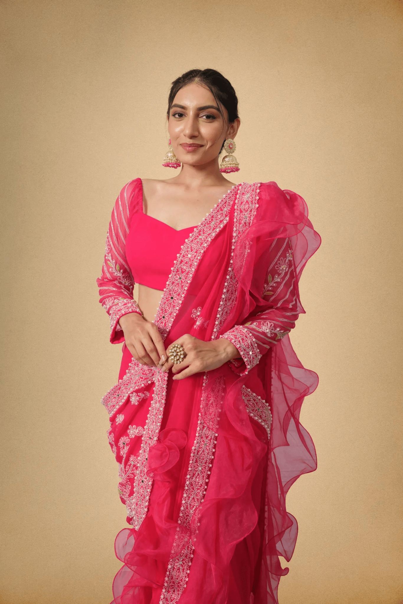 Hot Pink Designer Saree with Chikankari Embroidery & Organza Ruffle Border - The House of Indu