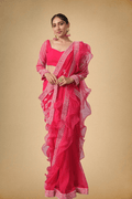 Hot Pink Designer Saree with Chikankari Embroidery & Organza Ruffle Border - The House of Indu