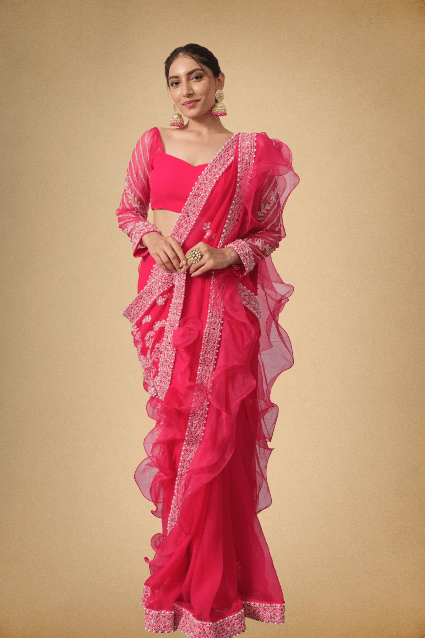 Hot Pink Designer Saree with Chikankari Embroidery & Organza Ruffle Border - The House of Indu