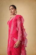 Hot Pink Designer Saree with Chikankari Embroidery & Organza Ruffle Border - The House of Indu