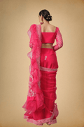 Hot Pink Designer Saree with Chikankari Embroidery & Organza Ruffle Border - The House of Indu