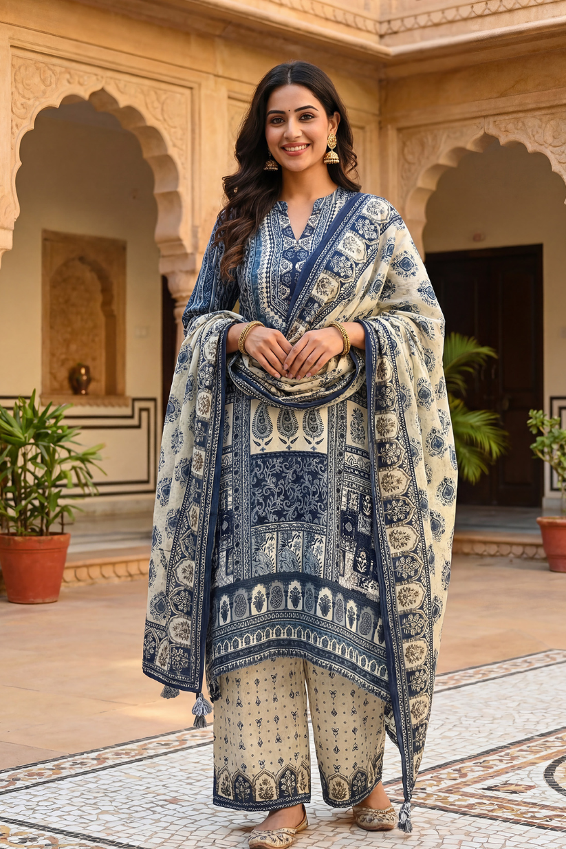 Woman wearing indigo printed kurta set with dupatta and straight pants in elegant ethnic festive wear