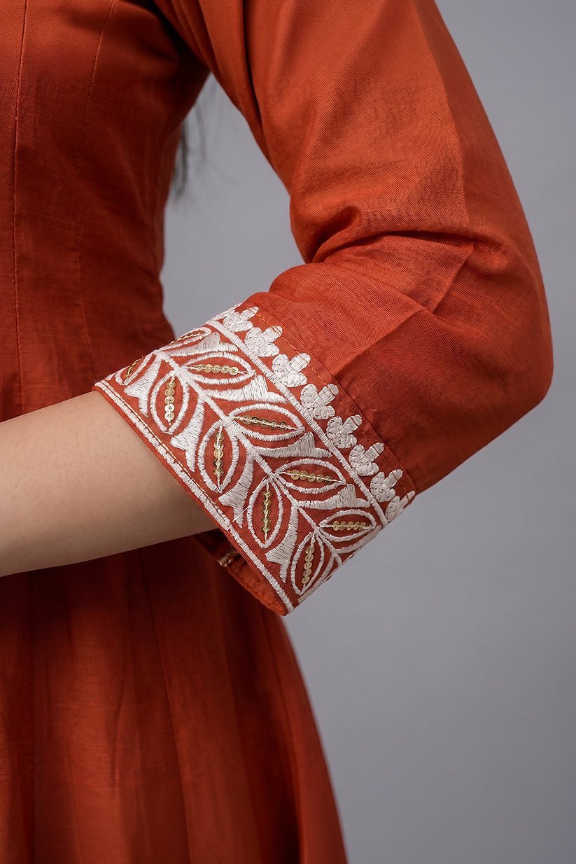 Indu Rust Cotton A-Line Kurta Pant Dupatta Set for Women - The House of Indu