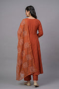 Indu Rust Cotton A-Line Kurta Pant Dupatta Set for Women - The House of Indu