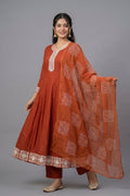 Indu Rust Cotton A-Line Kurta Pant Dupatta Set for Women - The House of Indu