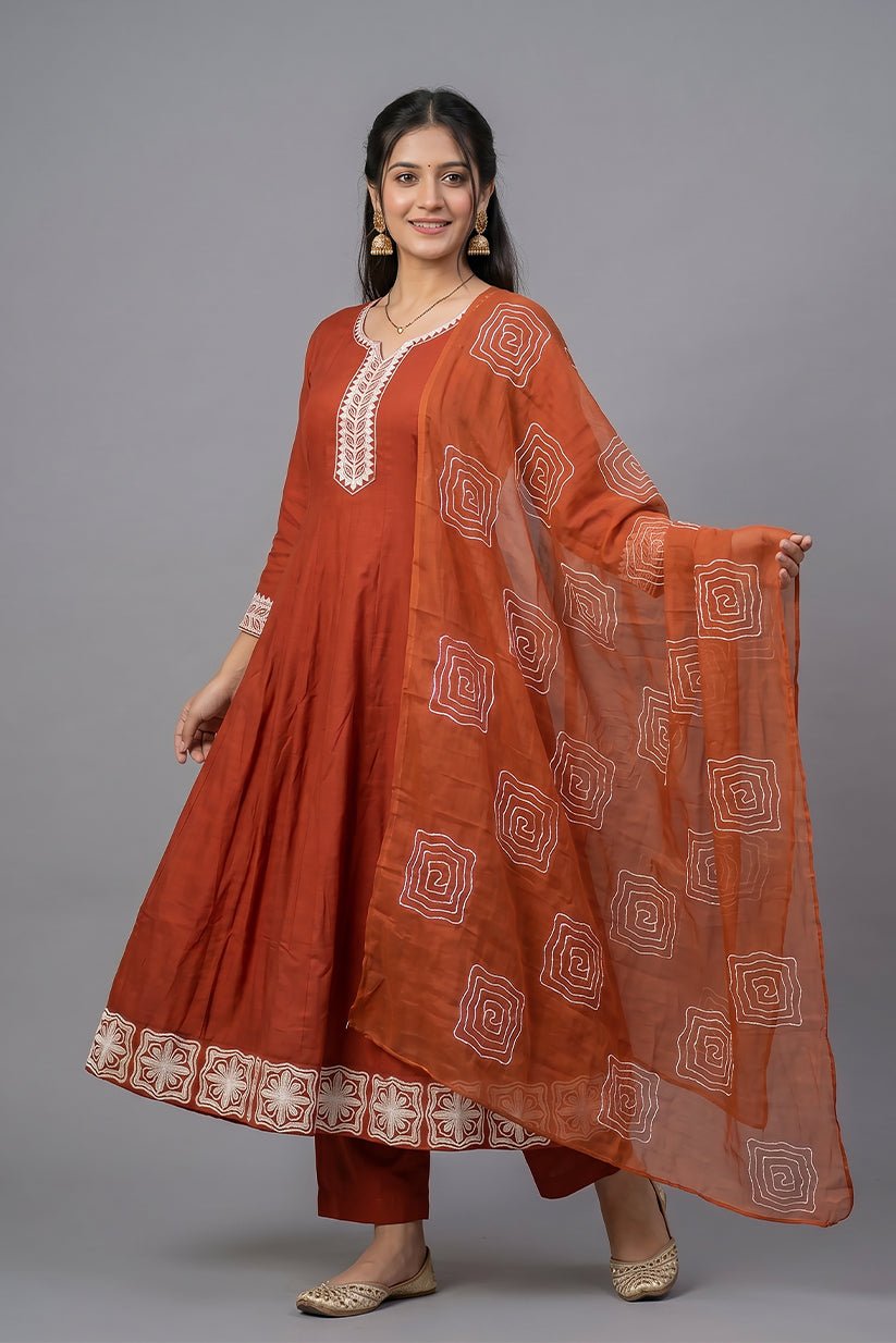 Indu Rust Cotton A-Line Kurta Pant Dupatta Set for Women - The House of Indu