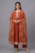 Indu Rust Cotton A-Line Kurta Pant Dupatta Set for Women - The House of Indu