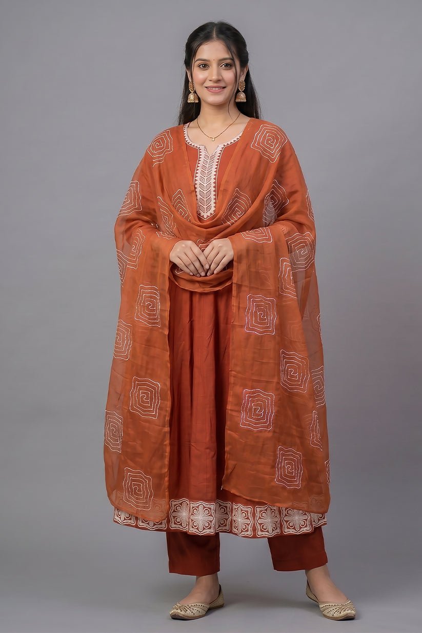 Indu Rust Cotton A-Line Kurta Pant Dupatta Set for Women - The House of Indu