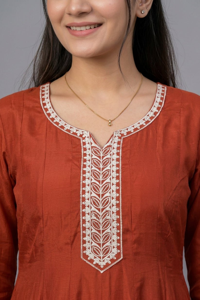 Indu Rust Cotton A-Line Kurta Pant Dupatta Set for Women - The House of Indu