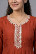 Indu Rust Cotton A-Line Kurta Pant Dupatta Set for Women - The House of Indu