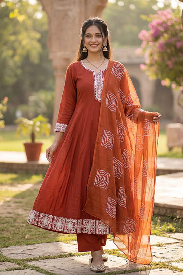 Indu Rust Cotton A-Line Kurta Pant Dupatta Set for Women - The House of Indu