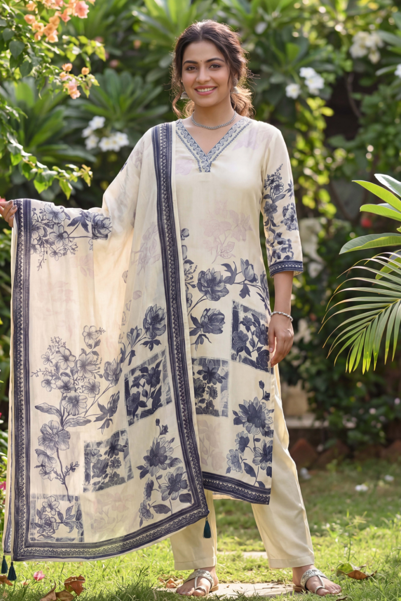 Woman wearing ivory blue floral printed kurta set with elegant dupatta front view in garden for women ethnic wear