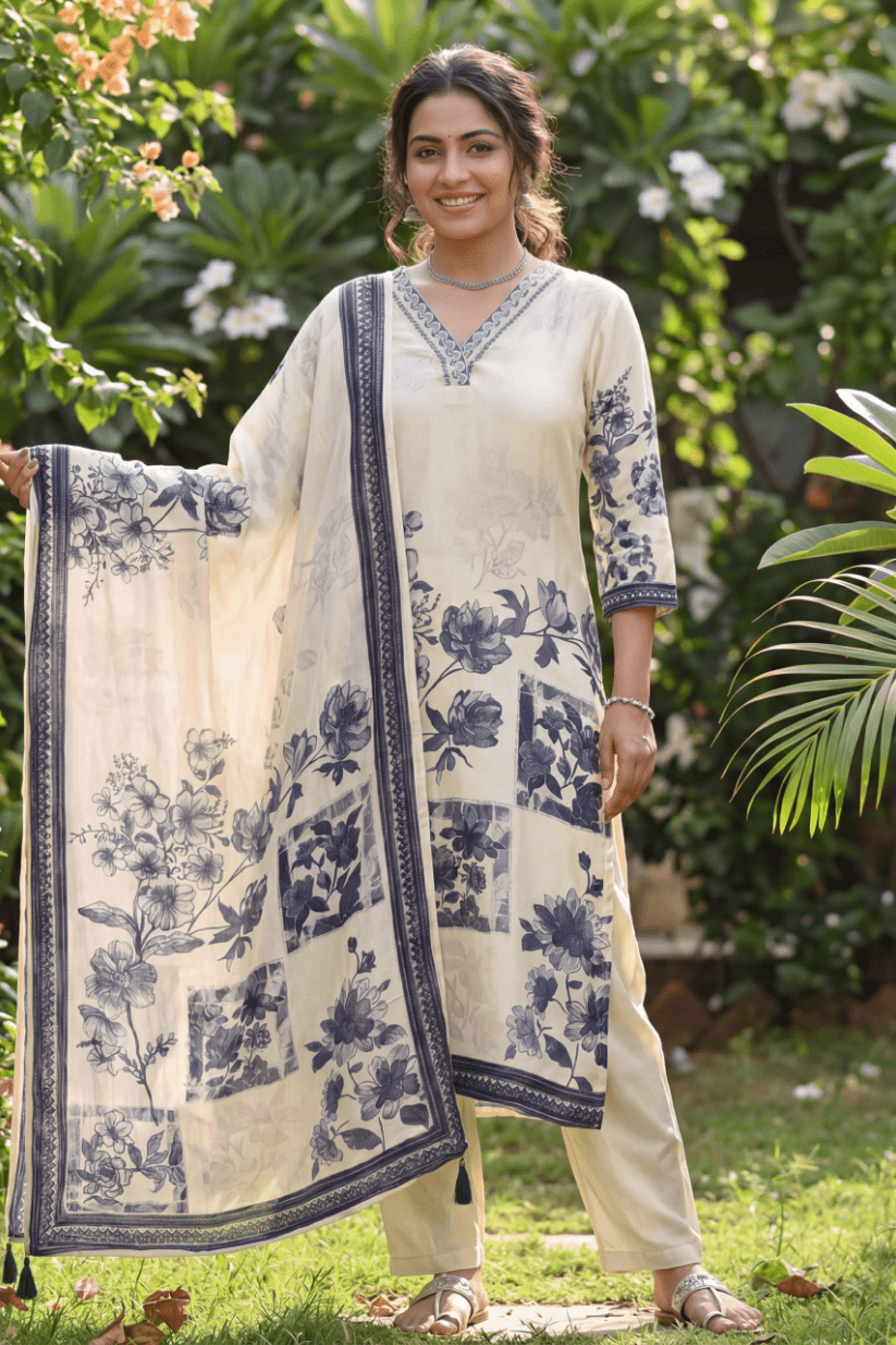 Ivory Blue Floral Printed Kurta Set with Elegant Dupatta - The House of Indu