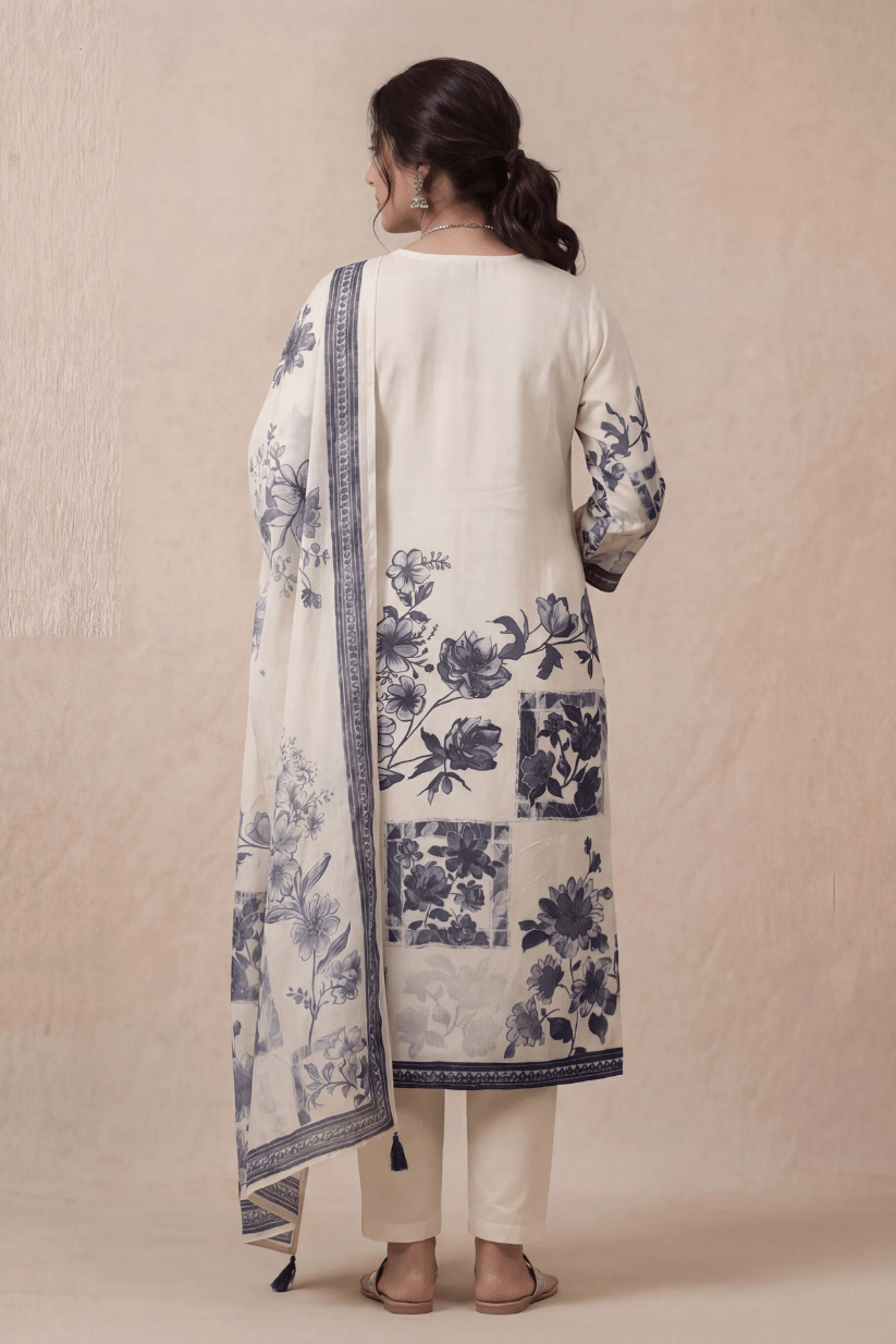 Ivory Blue Floral Printed Kurta Set with Elegant Dupatta - The House of Indu