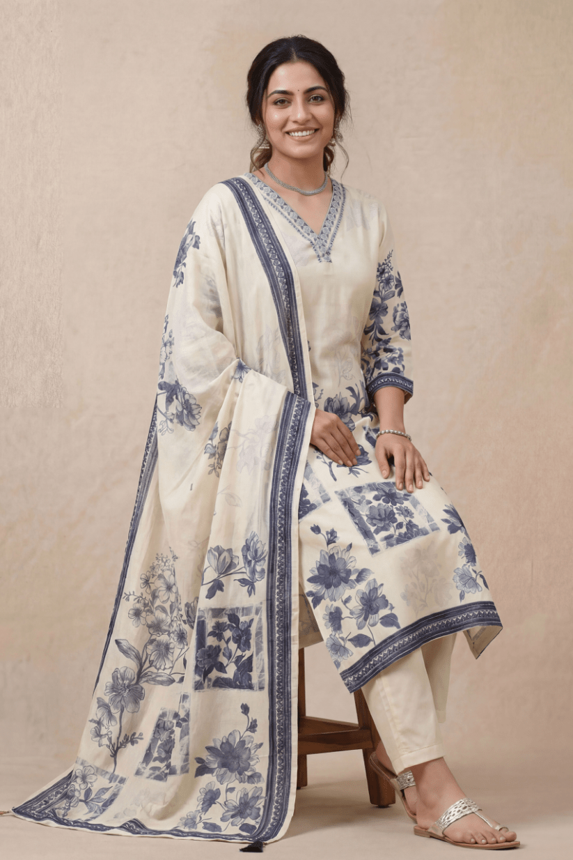 Ivory Blue Floral Printed Kurta Set with Elegant Dupatta - The House of Indu