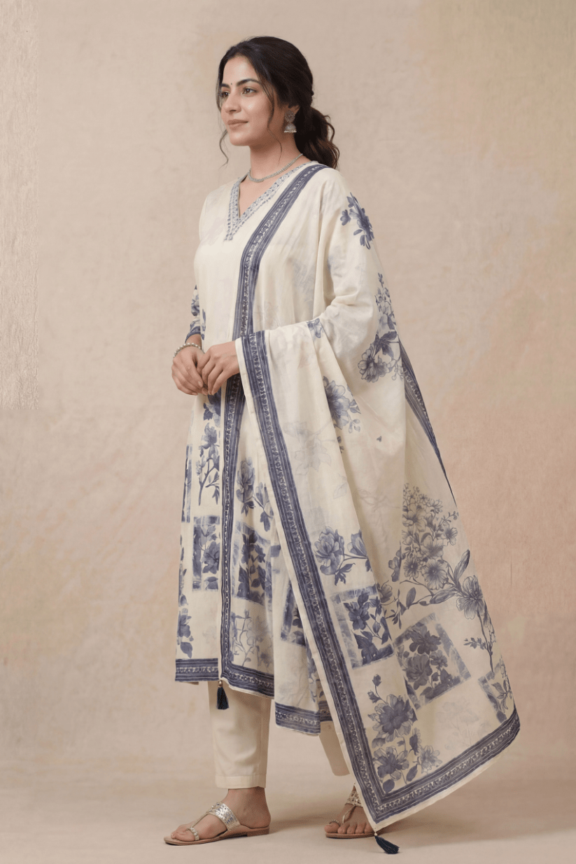 Ivory Blue Floral Printed Kurta Set with Elegant Dupatta - The House of Indu