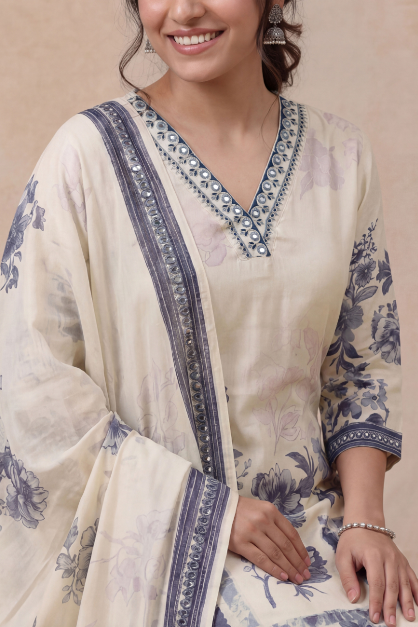 Woman wearing ivory blue floral printed kurta set with elegant dupatta front view in garden for women ethnic wear