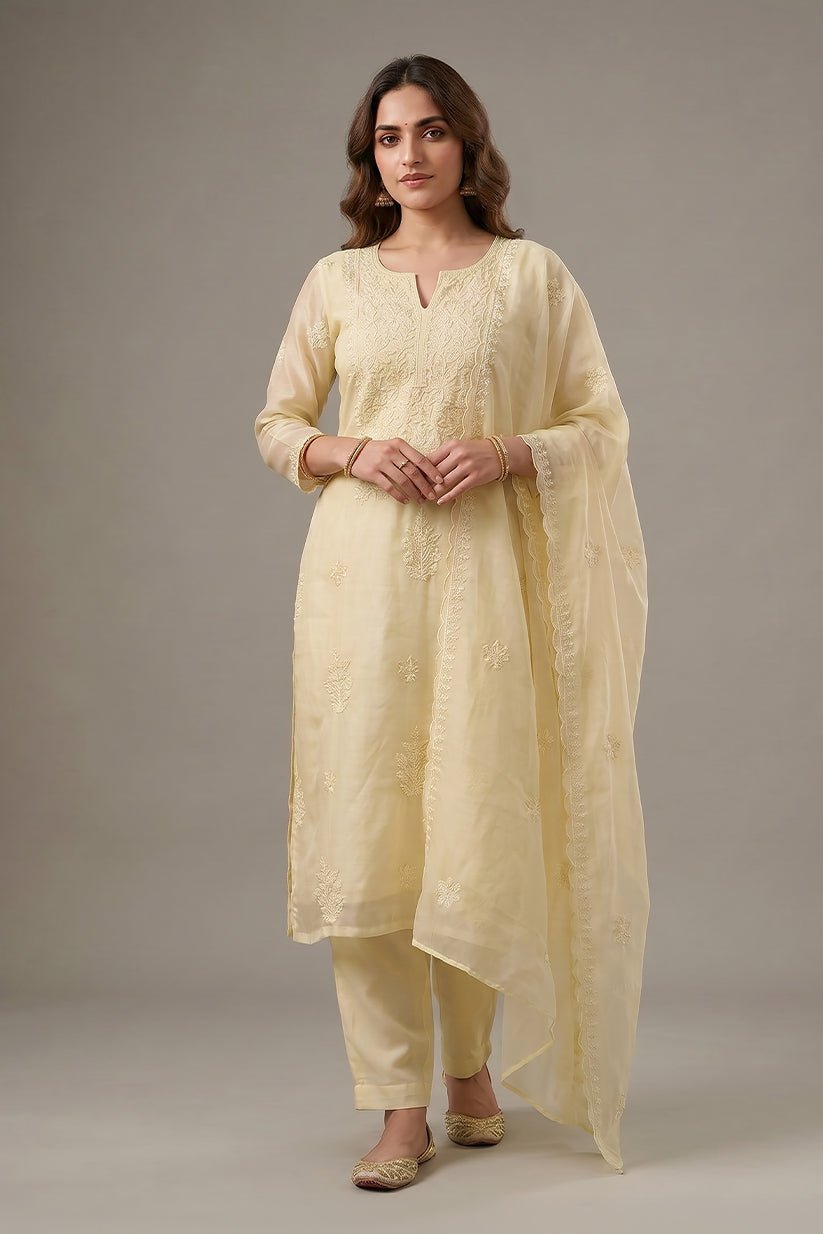 Ivory Embroidered Mul Chanderi Kurta with Dupatta for Women - The House of Indu