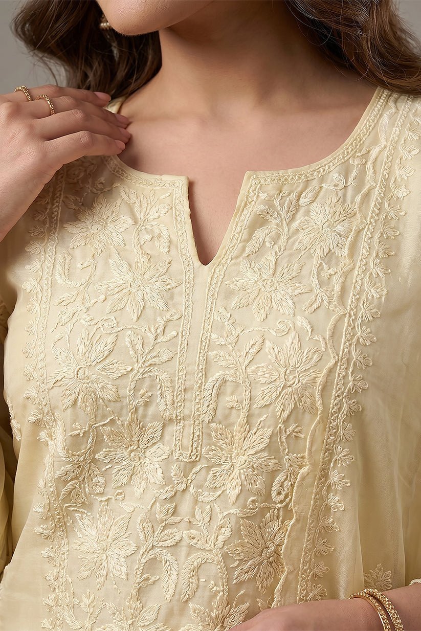 Ivory Embroidered Mul Chanderi Kurta with Dupatta for Women - The House of Indu