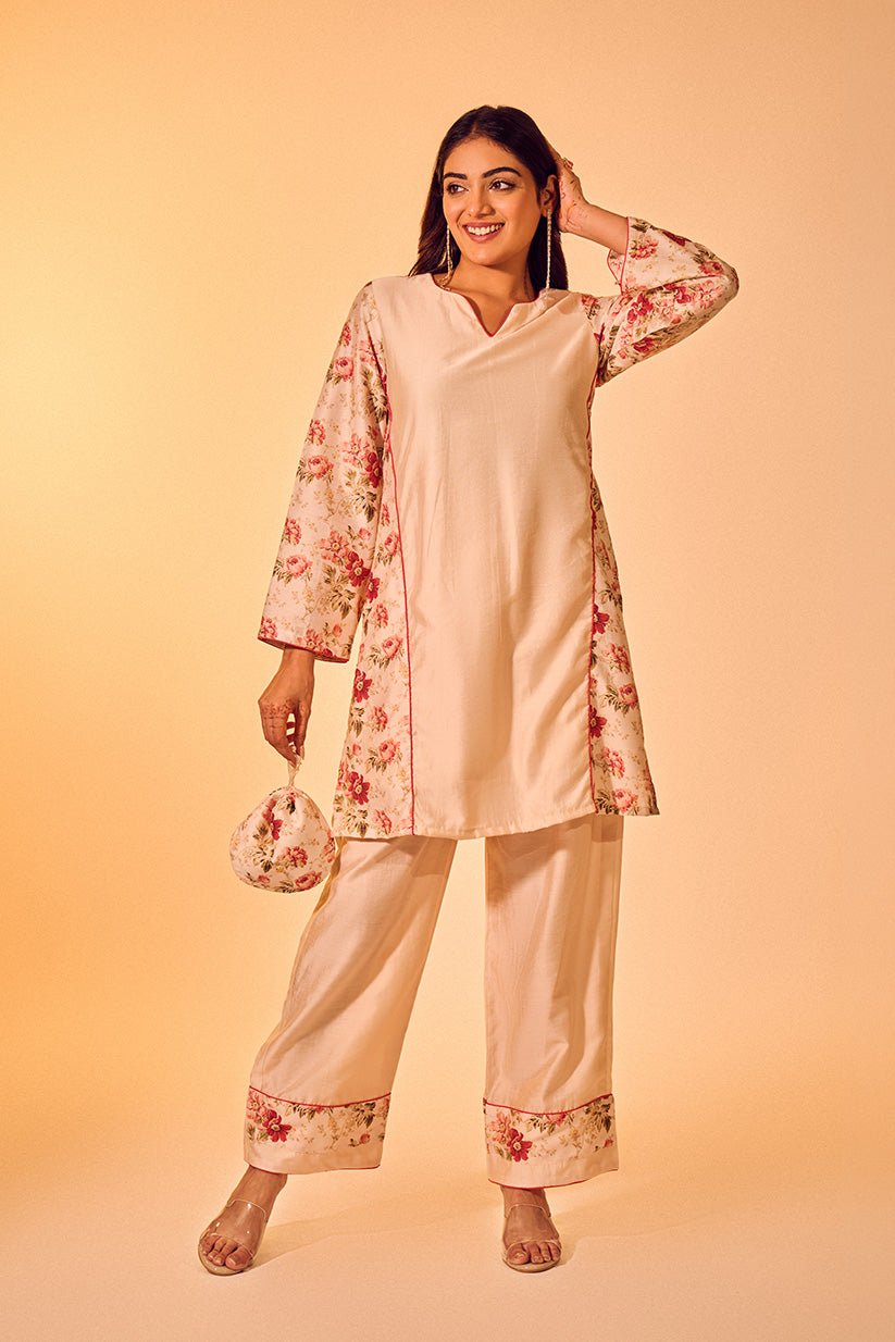 Ivory Floral Chanderi Kurta Pant Set - The House of Indu