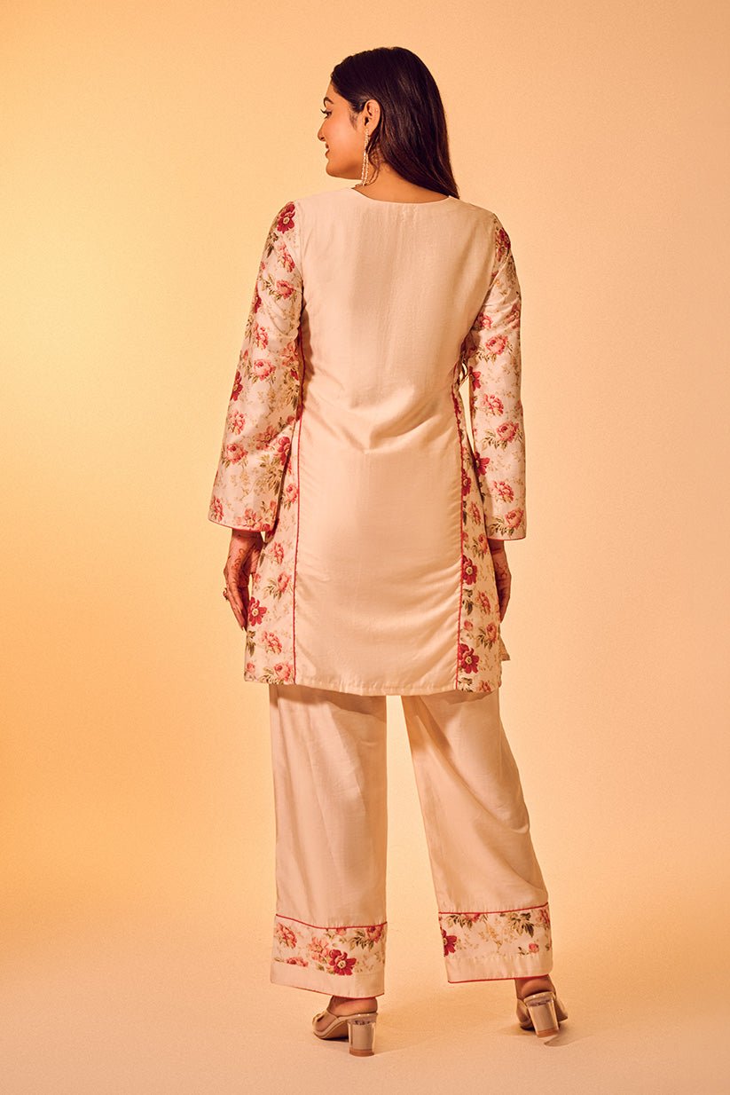 Ivory Floral Chanderi Kurta Pant Set - The House of Indu