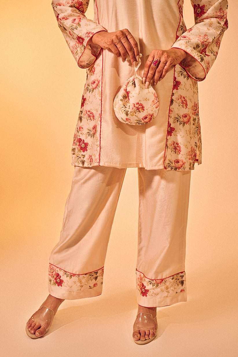Ivory Floral Chanderi Kurta Pant Set - The House of Indu