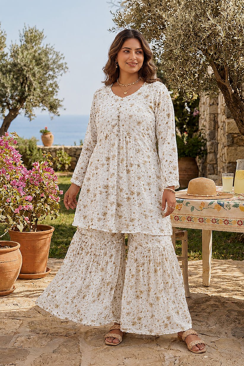 Ivory Floral Chiffon Sharara Co-Ord Set for Women - The House of Indu