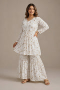 Ivory Floral Chiffon Sharara Co-Ord Set for Women - The House of Indu