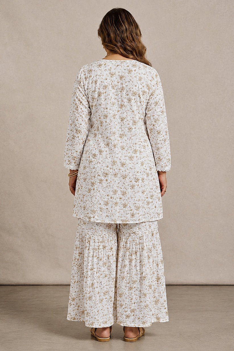 Ivory Floral Chiffon Sharara Co-Ord Set for Women - The House of Indu