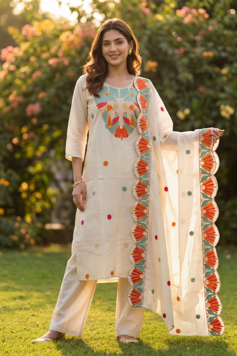 Woman wearing ivory floral embroidered kurta set with dupatta and straight pants for festive ethnic wear