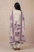Back view of ivory floral printed kurta set with purple dupatta for women ethnic wear