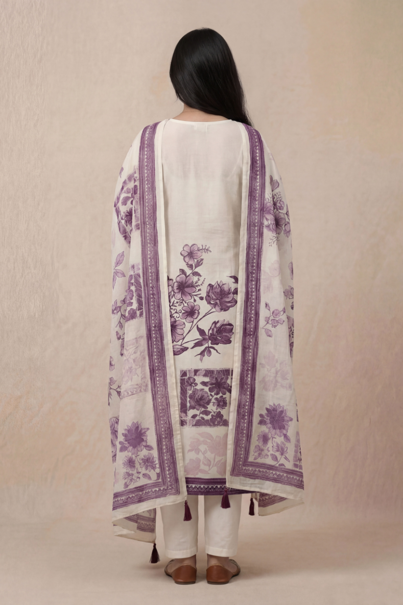 Back view of ivory floral printed kurta set with purple dupatta for women ethnic wear