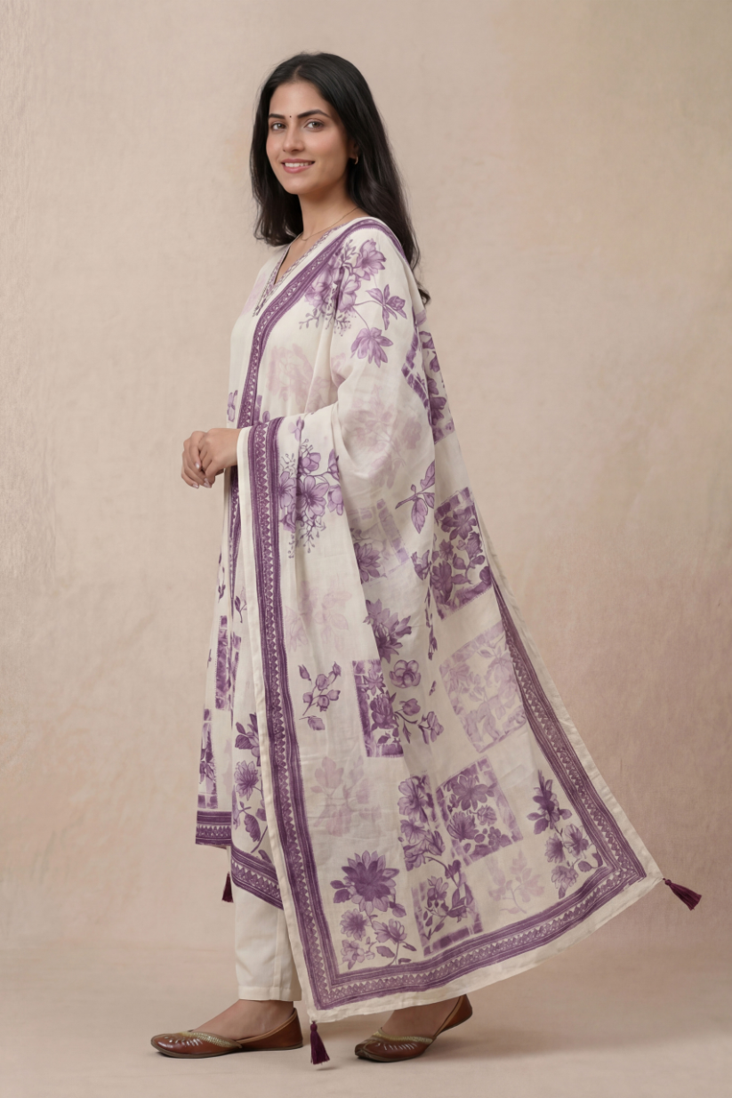 Side view of ivory floral printed kurta set with purple dupatta for women ethnic wear