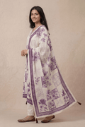 Ivory Floral Printed Kurta Set with Elegant Purple Dupatta - The House of Indu