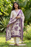 Ivory Floral Printed Kurta Set with Elegant Purple Dupatta - The House of Indu