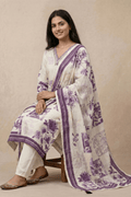 Ivory Floral Printed Kurta Set with Elegant Purple Dupatta - The House of Indu