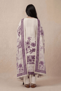 Ivory Floral Printed Kurta Set with Elegant Purple Dupatta - The House of Indu