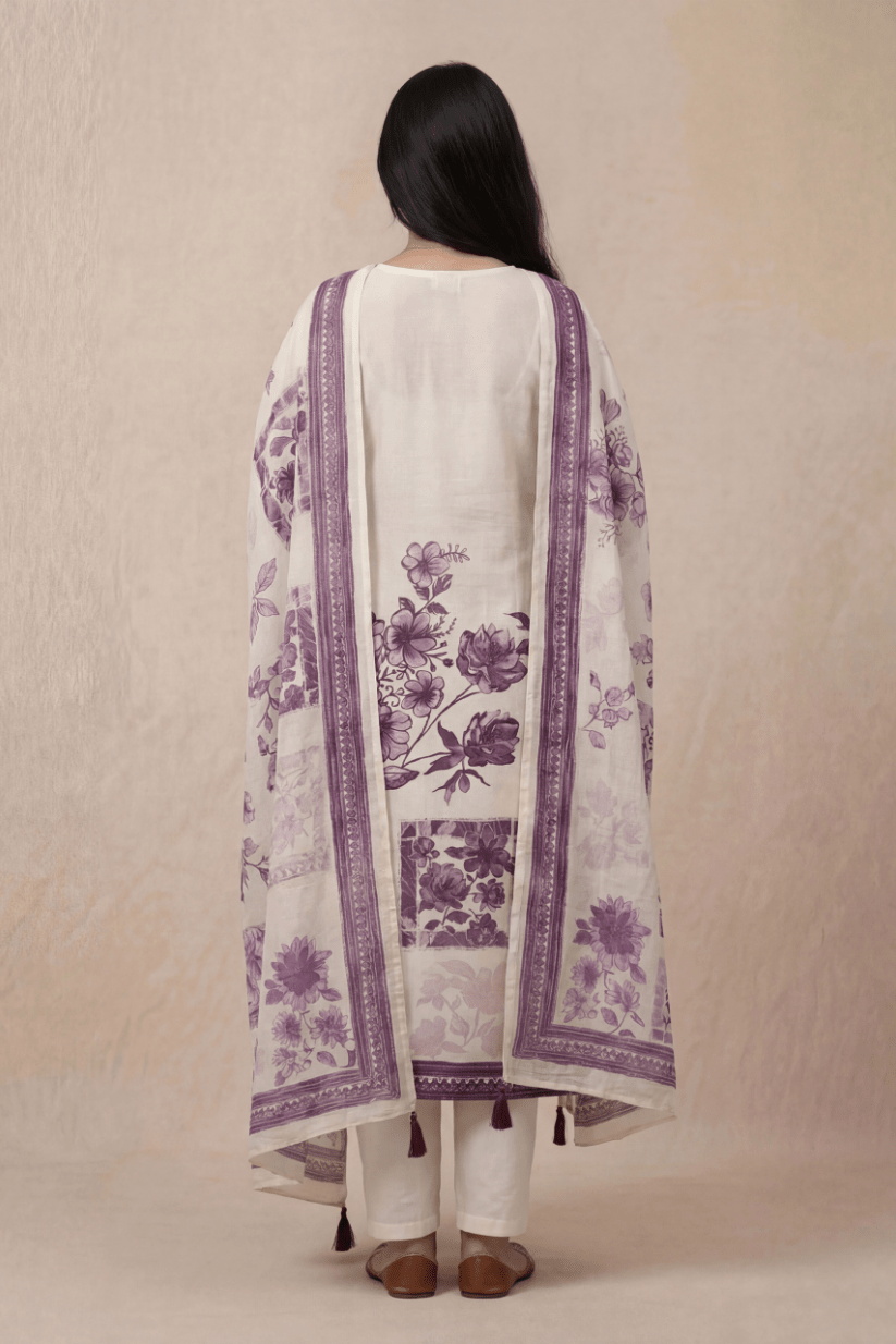 Ivory Floral Printed Kurta Set with Elegant Purple Dupatta - The House of Indu