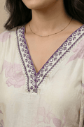 Ivory Floral Printed Kurta Set with Elegant Purple Dupatta - The House of Indu