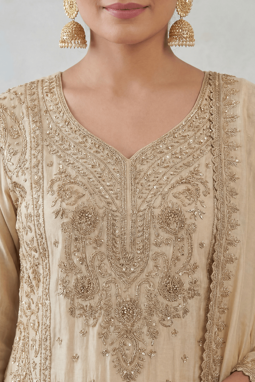 Ivory Gold Embroidered Kurta Sharara Set with Dupatta for Women - The House of Indu