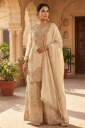 Ivory Gold Embroidered Kurta Sharara Set with Dupatta for Women - The House of Indu