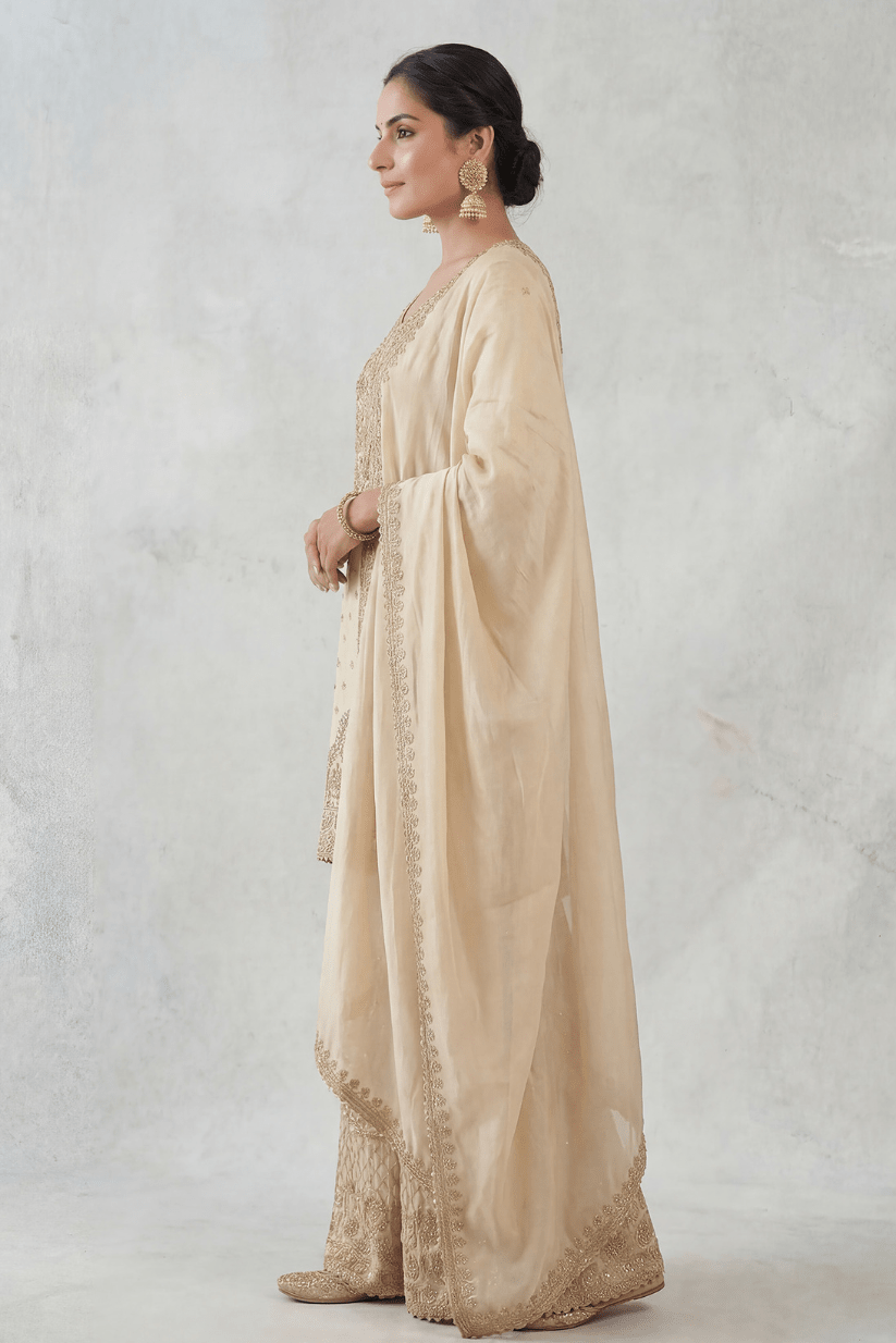 Ivory Gold Embroidered Kurta Sharara Set with Dupatta for Women - The House of Indu