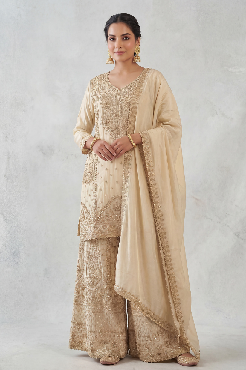 Full look of ivory gold embroidered kurta sharara set with dupatta
