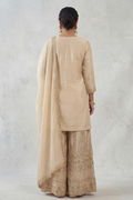 Back view of women ivory gold embroidered sharara set