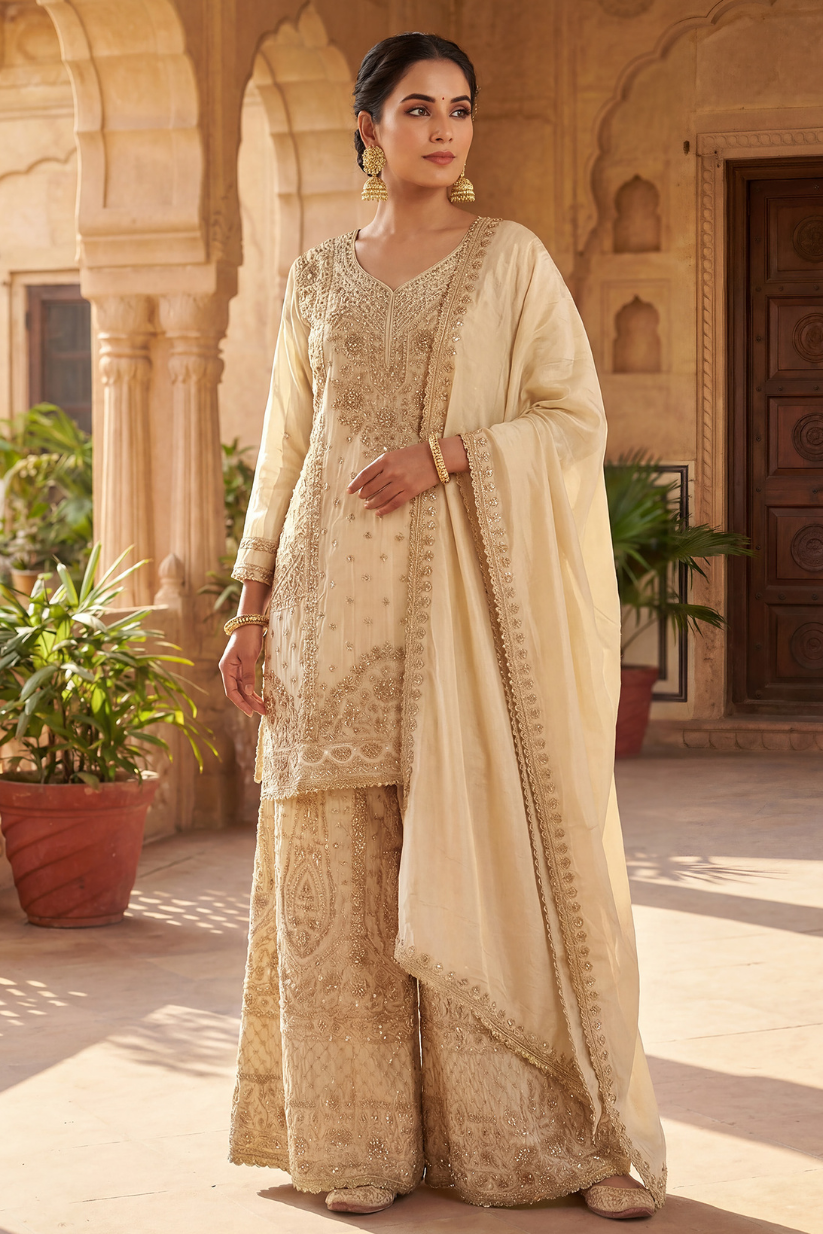Women ivory gold embroidered kurta sharara set with dupatta front view