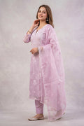 Lavender Organza Chikankari Embroidered Kurta with Dupatta - The House of Indu